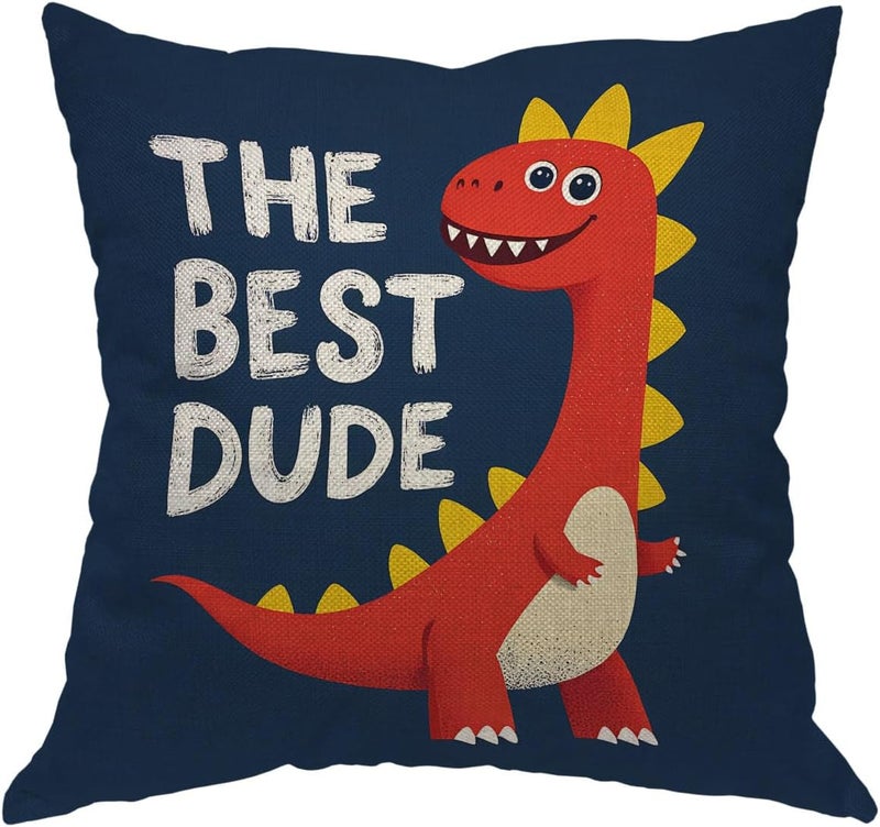 Moslion Dinosaur Throw Pillow Case Cute Cartoon Wild Safari Animal Red Dinosaur Pillow Cover Decorative Square Cushion Accent Cotton Linen 18x18 Inch for Sofa Chair Navy Blue - Image 1